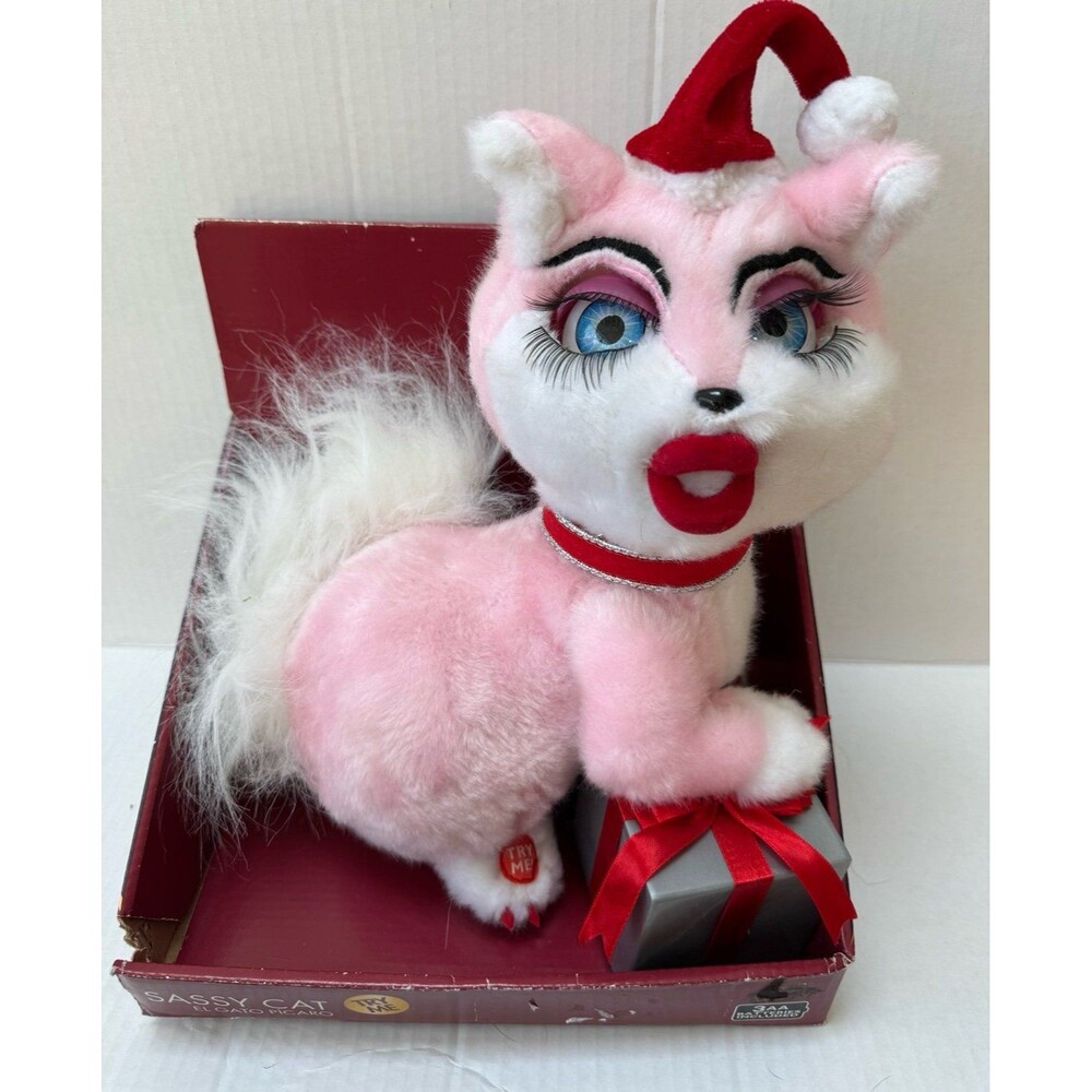 Vintage 1981 Santa Baby Sassy Cat Singing Light up Pink Christmas Plush Works
